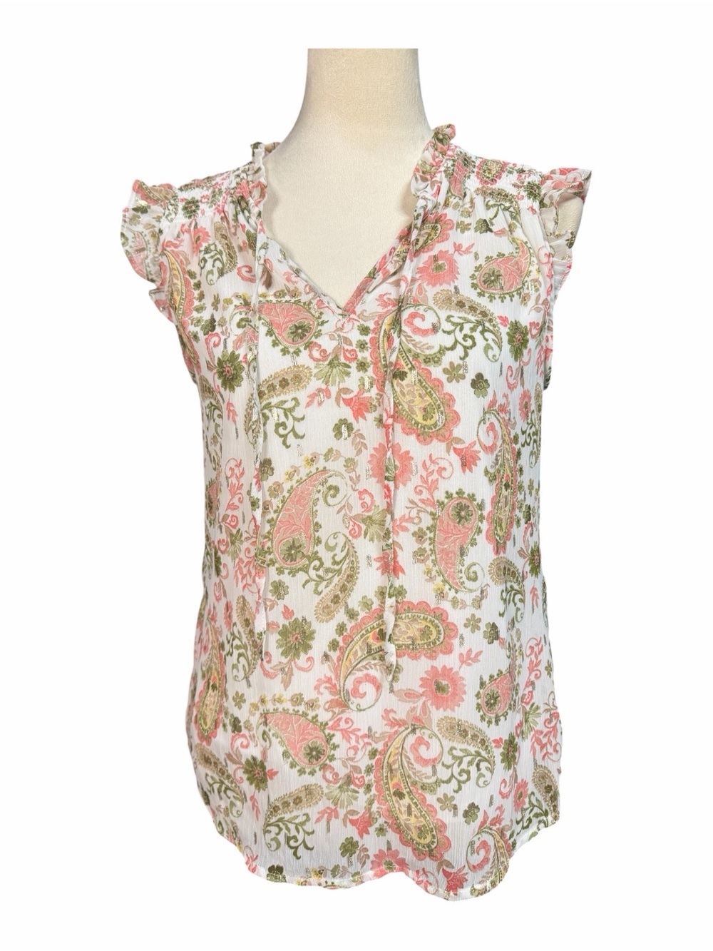 Tamara H Paisley Tie-Neck Ruffle Cap Sleeve Blouse - Peach & Green oversized XS
